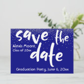 Silver Confetti Over Navy, modern Save the Date 1b Einladung (Stehend Vorderseite)