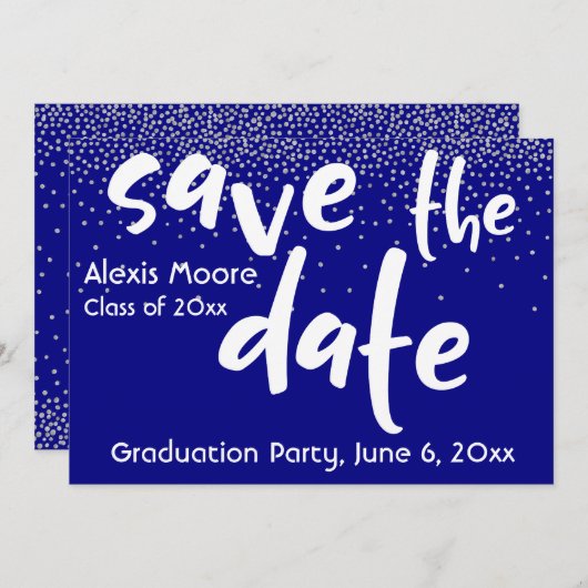Silver Confetti Over Navy, modern Save the Date 1b Einladung (Vorne/Hinten)