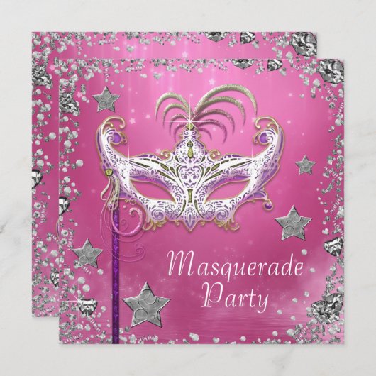 Silver Confetti Pink Black Masquerade Party Einladung (Vorne/Hinten)
