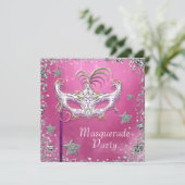 Silver Confetti Pink Black Masquerade Party Einladung (Stehend Vorderseite)