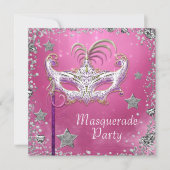 Silver Confetti Pink Black Masquerade Party Einladung (Vorderseite)
