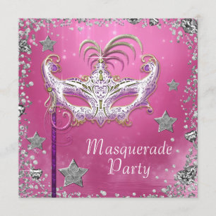 Silver Confetti Pink Black Masquerade Party Einladung