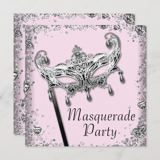 Silver Confetti Pink Black Masquerade Party Einladung (Vorne/Hinten)