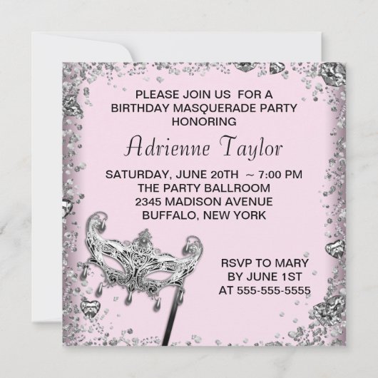 Silver Confetti Pink Black Masquerade Party Einladung (Rückseite)