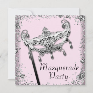 Silver Confetti Pink Black Masquerade Party Einladung