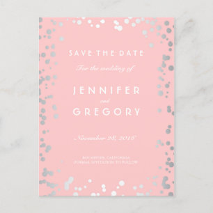 Silver Confetti Pink Save the Date Elegant Ankündigungspostkarte