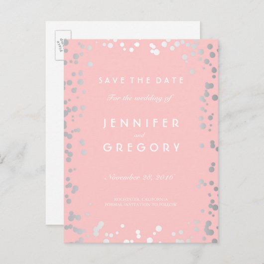 Silver Confetti Pink Save the Date Elegant Ankündigungspostkarte (Vorne/Hinten)