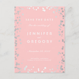 Silver Confetti Pink Save the Date Elegant Ankündigungspostkarte