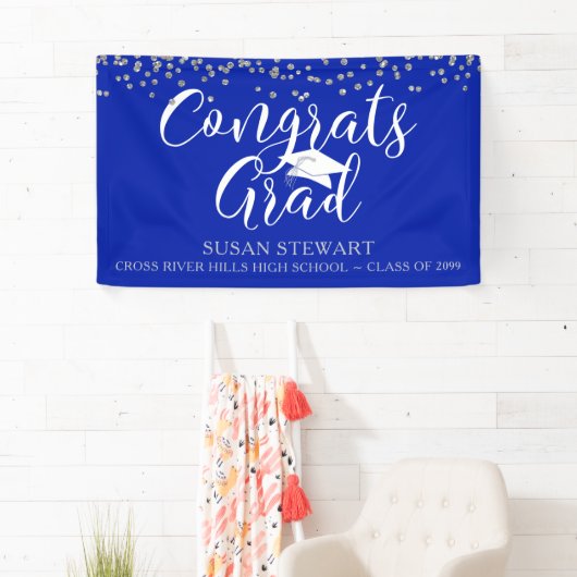 Silver Confetti Script GLÜCKWUNSCHS GRAD Royal Blu Banner (Insitu)