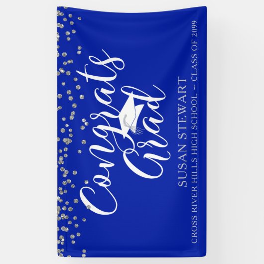 Silver Confetti Script GLÜCKWUNSCHS GRAD Royal Blu Banner (Vertikal)