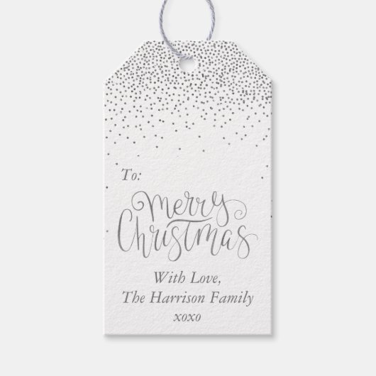 Silver Confetti Typografie Frohe Weihnachten Geschenkanhänger (Vorderseite)