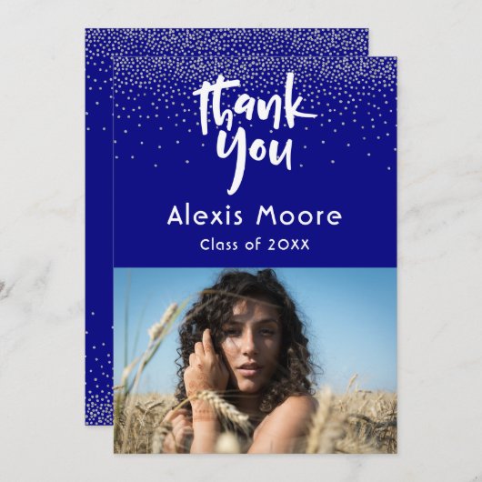 Silver Confetti über Navy Foto Grad 3 Vielen Dank Ankündigung (Vorne/Hinten)