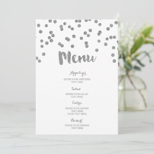 Silver Confetti Wedding Menu Menükarte (Stehend Vorderseite)