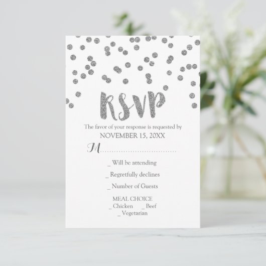 Silver Confetti Wedding RSVP Cards (Stehend Vorderseite)