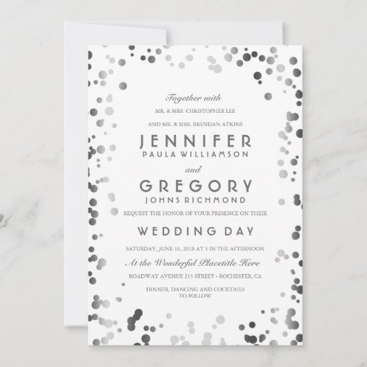 Silver Confetti White Modern und Elegante Wedding Einladung (Vorderseite)