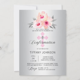 Silver Confirmation Floral Pink Cross GIRL + POEM Einladung