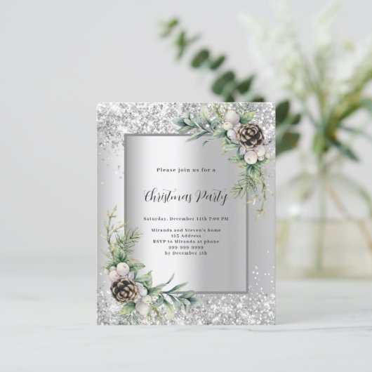 Silver cons grüne Weihnachtsfeier Party Einladung (Stehend Vorderseite)
