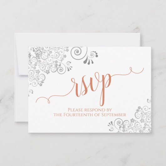 Silver & Coral on White Elegante Script Wedding RSVP Karte (Vorderseite)