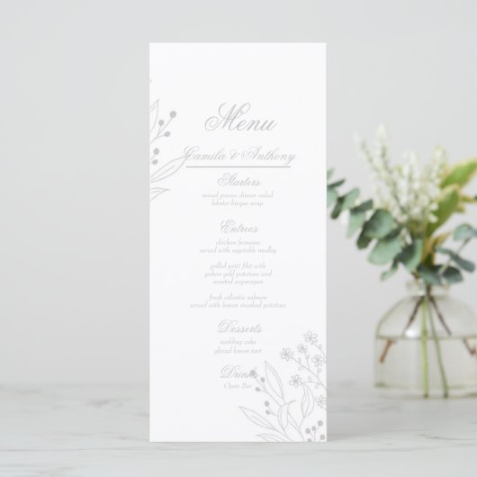 Silver Corner Floral Boho Wedding Menükarte (Stehend Vorderseite)