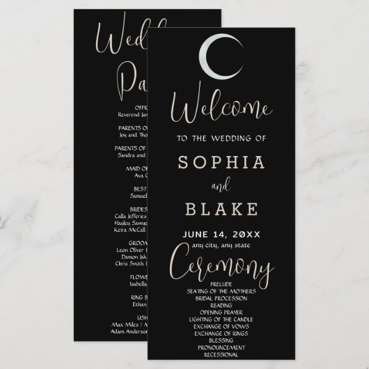 Silver Crescent Moon Black Wedding Programm (Vorne/Hinten)