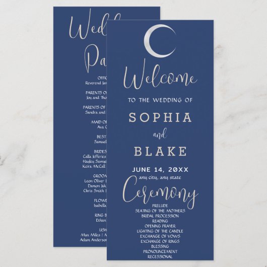 Silver Crescent Moon Dark Blue Wedding Program (Vorne/Hinten)