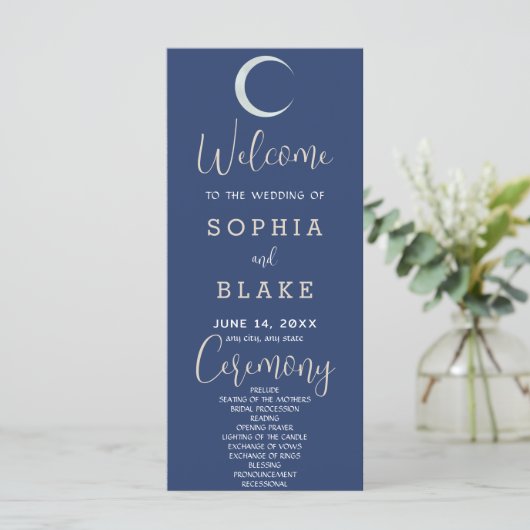 Silver Crescent Moon Dark Blue Wedding Program (Stehend Vorderseite)