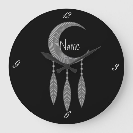 Silver Crescent Moon Feathers Thunder_Cove Große Wanduhr (Vorderseite)