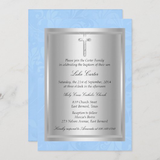 Silver Cross Blue Taufe Christening Einladung (Vorne/Hinten)