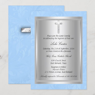Silver Cross Blue Taufe Christening Einladung