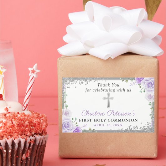 Silver Cross Lila Floral First Heilige Kommune Rechteckiger Aufkleber (Party)