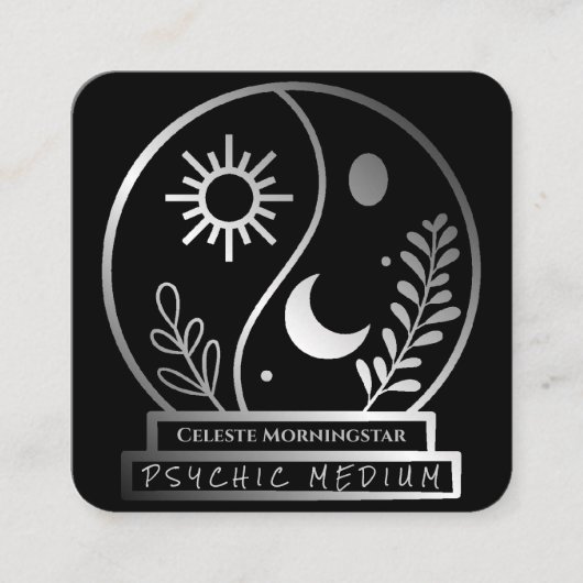 Silver Crystal Ball Psychische Medium Moon Sun Quadratische Visitenkarte (Vorderseite)