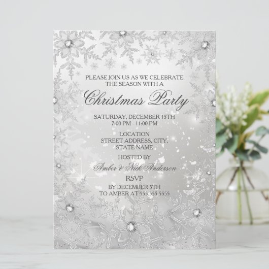 Silver Crystal Snowflake Weihnachts-Party laden Einladung (Stehend Vorderseite)