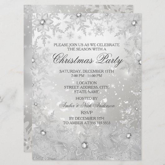 Silver Crystal Snowflake Weihnachts-Party laden Einladung (Vorne/Hinten)