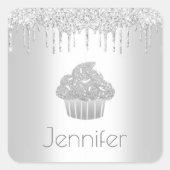 Silver cupcake Glitzer Tropfen elegant elegant Quadratischer Aufkleber (Vorderseite)