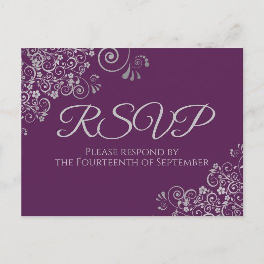 Silver Curls Elegante Plum Lila Wedding RSVP Postkarte (Vorderseite)