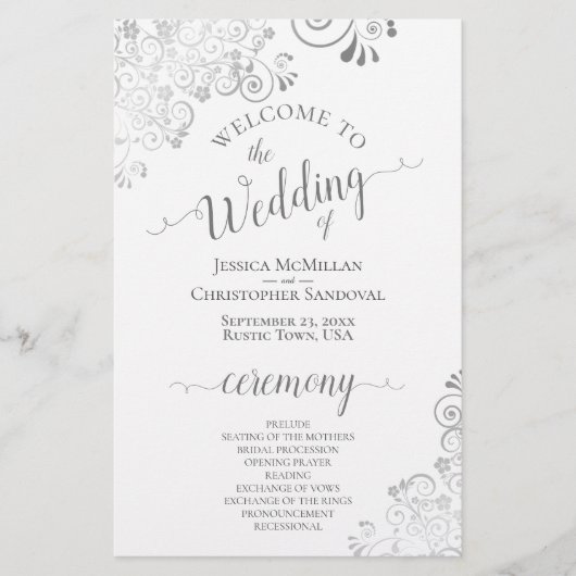 Silver Curls Gray & White Budget Hochzeitsprogramm (Vorderseite)