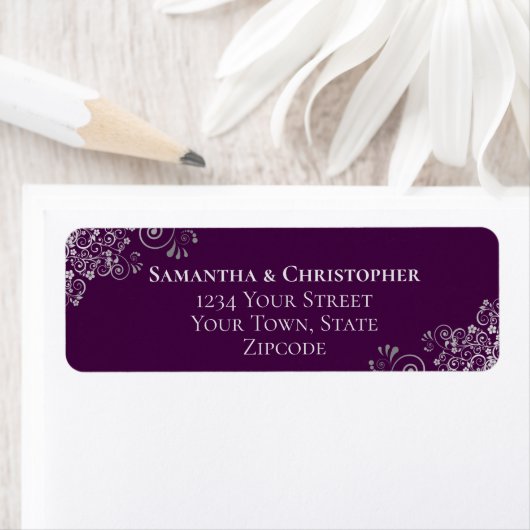 Silver Curls on Plum Purple Wedding Return Address (Insitu)