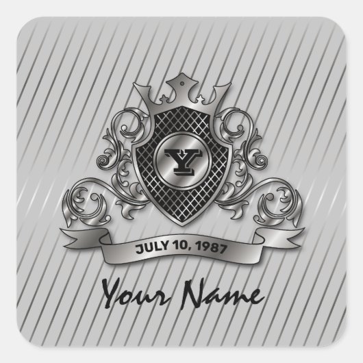 Silver Custom Elegante Monogram Design Quadratischer Aufkleber (Vorderseite)