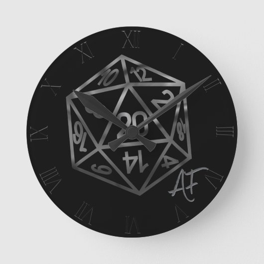 Silver D20 Crit AF | PNP Tabletop Role Player Diät Runde Wanduhr (Vorderseite)