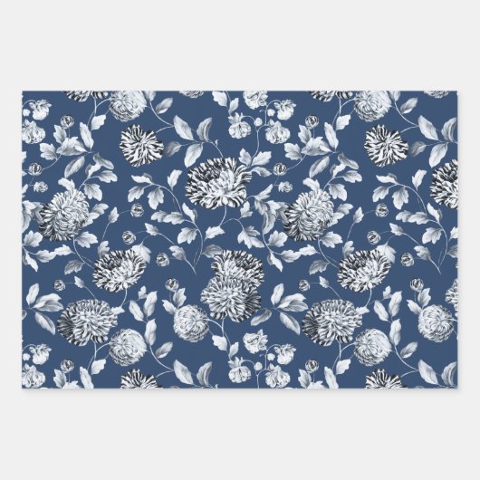 Silver Dahlias Blütenrebe auf Navy Blue Geschenkpapier Set (Vorderseite 2)