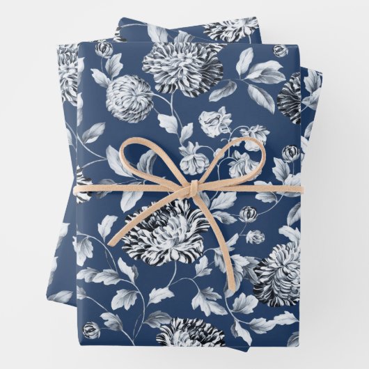 Silver Dahlias Blütenrebe auf Navy Blue Geschenkpapier Set (Beispiel)
