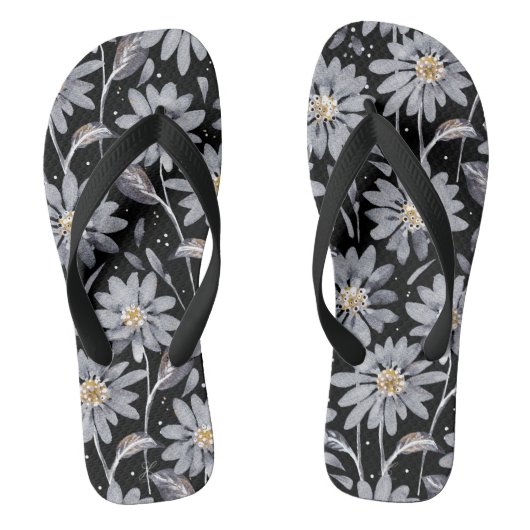 Silver Daisies auf Black Floral Flip Flops Badesandalen (Fußbett)