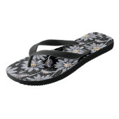 Silver Daisies auf Black Floral Flip Flops Badesandalen (Schrägansicht)
