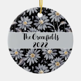 Silver Daisies auf schwarz Custom Holiday Keramik Ornament