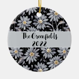 Silver Daisies auf schwarz Custom Holiday Keramik Ornament