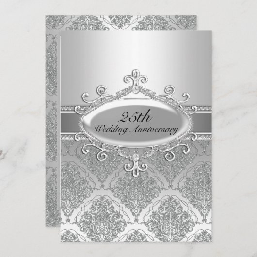 Silver Damask 25. Jahrestag der Hochzeit Einladung (Vorne/Hinten)