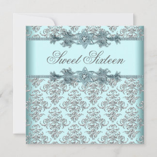 Silver Damask Aquamarin Blue Sweet 16 Geburtstagsp Einladung