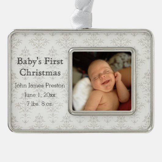 Silver Damask Baby's First Christmas Rahmen-Ornament Silber (Vorderseite)