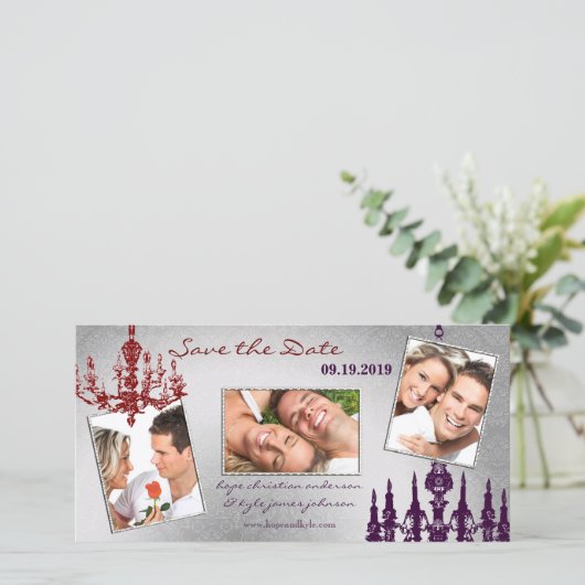 Silver Damask Chandelier Red & Plum Lila Save The Date (Stehend Vorderseite)