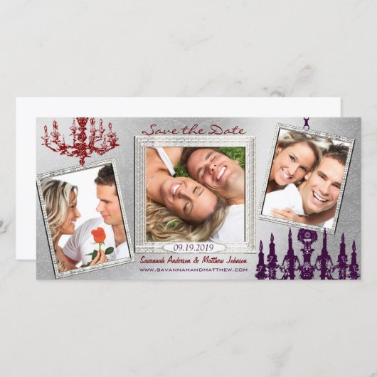 Silver Damask Chandelier Red & Plum Save the Date (Vorne/Hinten)